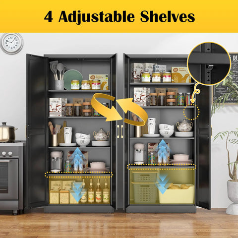 Beefy Black Metal Pantry Cabinet With Doors And Four Adjustable Shelves Tall Storage Cabinet With Two Gold Handles