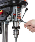 Close-up of 8 Inch Benchtop Drill Press With 9 Adjustable Speeds From 500 To 3200 RPM, 4.2 Amp Motor, 0.68HP Power for Precise Drilling