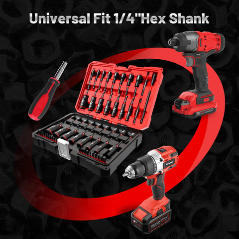 55 Piece Magnetic Impact Nut Driver Kit With Deep And Shallow Sockets, Wing Nut Setter, drill, and screwdriver shown together