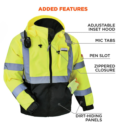 Hi Vis Safety GloWear 8377 Type R Class 3 Unisex Bomber Jacket Lime Quilted Insulated Coat with adjustable hood and mic tabs