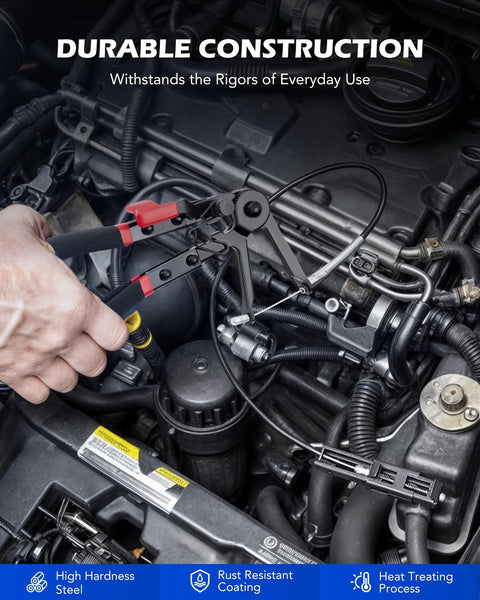Orion Motor Tech hose clamp pliers, long-reach swivel jaw, red/black handles, in engine bay
