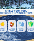 Winter Pool Cover For 24 Ft Round Above Ground Pools Heavy Duty All Weather Debris Shield installed on wooden deck in snow