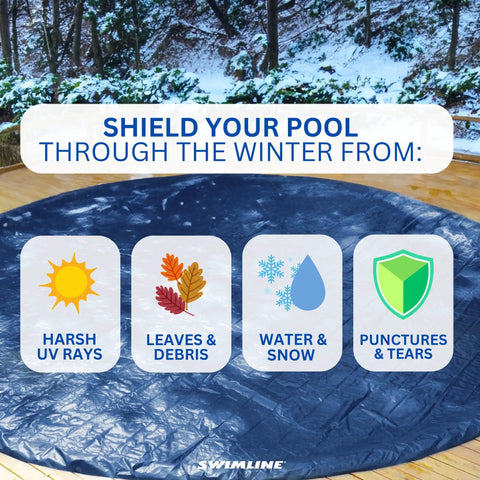 Winter Pool Cover For 24 Ft Round Above Ground Pools Heavy Duty All Weather Debris Shield installed on wooden deck in snow