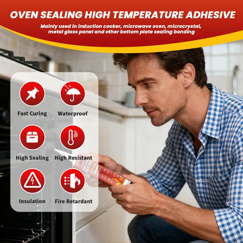 Man using High Temp Silicone Sealant Adhesive For Ovens Fireplaces And Microwaves, Heat Resistant, Waterproof Quick Drying Silicone Glue