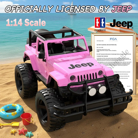 Jeep Licensed Pink 1:14 Scale Remote Control Car For Girls Open Top Off Road RC Jeep With LED Lights on beach scene.