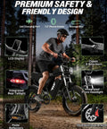 Rider on Offroad 1500W Peak Motor Fat Tire Electric Bike With 30 MPH Top Speed, highlighting features in a forest setting.