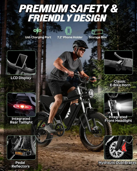 Rider on Offroad 1500W Peak Motor Fat Tire Electric Bike With 30 MPH Top Speed, highlighting features in a forest setting.
