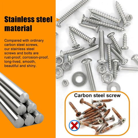 Stainless steel and carbon steel screws and bolts from 2002 PC Hardware Assortment Kit With SAE And Metric Stainless Steel Screws Nuts Bolts And Washers In A Double Sided Organizer Box Includes 6-32 8-32 10-24 And M3 M4 M5 M6 M8 Size Screws Phillips Pan Head Self-Tapping Wood Screws Tons Of Hardware displayed on white background.