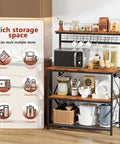 Rustic Brown Kitchen Bakers Rack With Power Outlets And A 31.5 Inch Desktop Four Tier Storage Coffee Bar Station With Eight S Hooks Microwave And Spice Organizer For Pots And Appliances