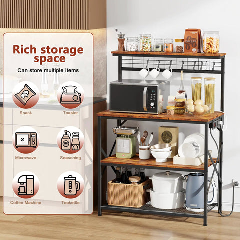 Rustic Brown Kitchen Bakers Rack With Power Outlets And A 31.5 Inch Desktop Four Tier Storage Coffee Bar Station With Eight S Hooks Microwave And Spice Organizer For Pots And Appliances