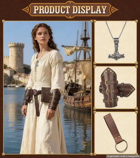 Top Shelf Medieval Adventurer Kit Beefy Leather Belt with arm bracers, necklace, and keychain for Halloween cosplay.
