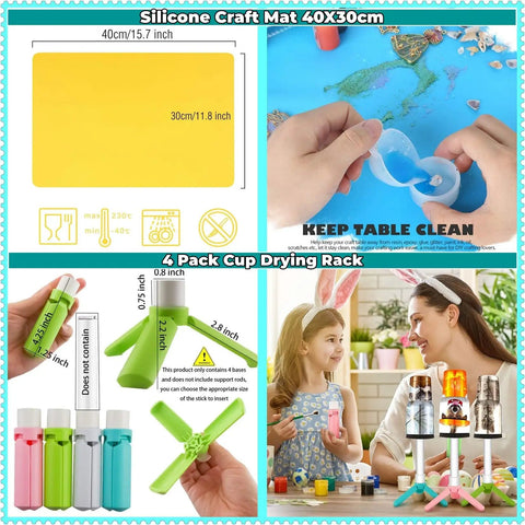 Silicone craft mat 40x30cm and 4 pack cup drying rack shown with kids crafting tumblers using Six Cup Tumbler Turner For Crafts Two Way Spinner Machine Kit With Pro Grade Independent Switches For DIY Glitter Epoxy Resin Tumblers And Multi Tumbler Projects.