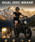 Rider on R6mini 1000W Fat Tire Electric Bike with front light and Bluetooth speaker on mountain road at sunset