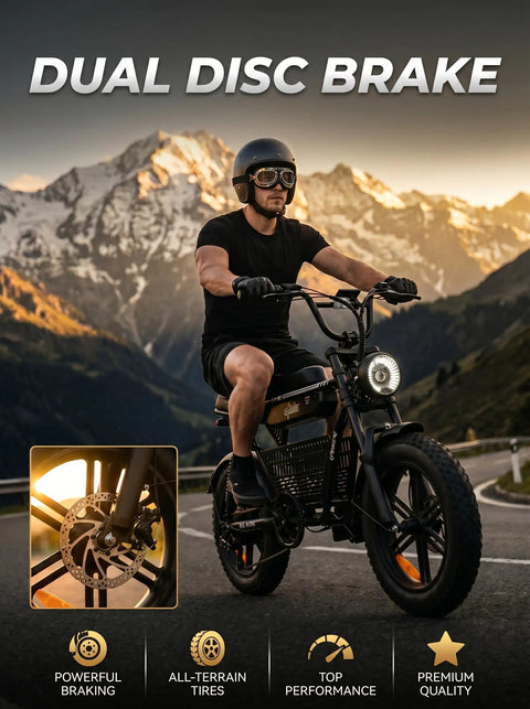 Rider on R6mini 1000W Fat Tire Electric Bike with front light and Bluetooth speaker on mountain road at sunset