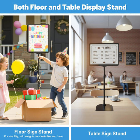 Adjustable Poster Sign Stand 8.5 By 11 Inches For Table Top And Floor Use Height Adjustable Sign Holder in birthday and cafe setup