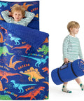 Toddler Nap Mat With Removable Pillow And Minky Blanket 55 By 30 Inches Colorful Dinosaur Design for ages 3 to 6 uses