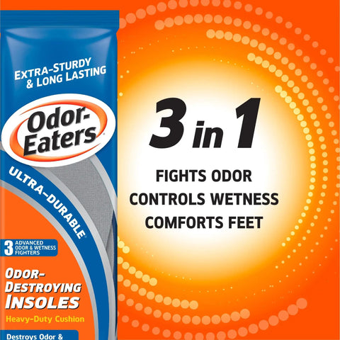 Packaging of Ultra Durable Cushion Insoles for Odor Control and All Day Comfort with activated charcoal, baking soda.