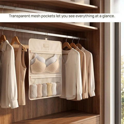 Mesh Hanging Closet Organizer And Polyester Bra Underwear Storage Hanger Ultra Slim Vertical Lingerie Bag with transparent pockets