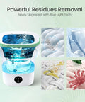 No Sweat Compact Laundry Setup With Smart Blue Light Wash And Turbo Spin Basket For Spotless Baby Clothes Intimates Socks Gray Portable Washing Machine 20 Liter Mini Washer showing powerful blue light tech for residue removal.