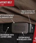 Men's Nylon Webbing Work Belt With Ratchet Buckle Tough As Nails Heavy Duty Tactical Utility Gear For Outdoor Work Durable Military Style Belt In Gunmetal Finish Extra Large Size 40 To 42 Inches close-up of matte black buckle and track system.