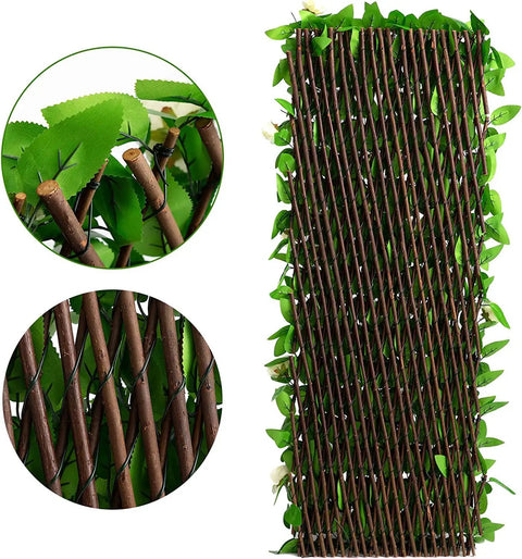 Expandable Faux Ivy Fence Screen for Balcony and Patio 16x45 Inch Closed Expands to 92 Inch Wide Willow Frame with Realistic Ivy