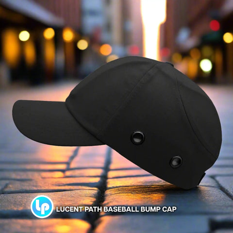 Black Baseball Safety Bump Cap With ABS Shell, Breathable 100 Percent Cotton, Dual Layer Padded Foam, on a colorful city street
