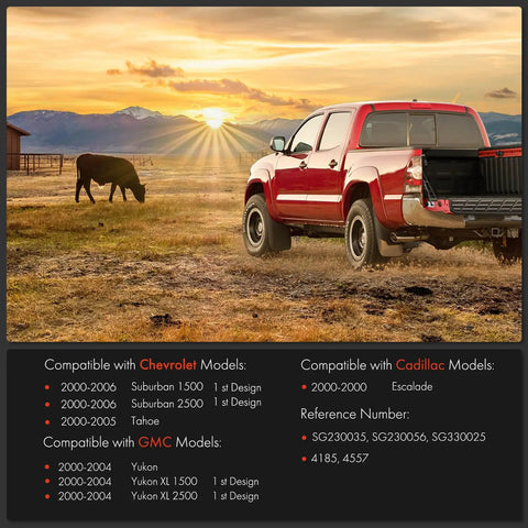 Rock Solid Heavy Duty Gas Lift Supports And Replacement Shocks Struts For Effortless Tailgate And Rear Window Lifts On Cadillac Escalade And Chevy Tahoe Suburban with sunset backdrop.