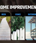 Home improvement banner with three panels labeled Deck, Fence, Outdoor.