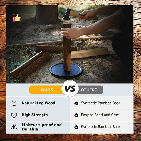 Comparison of natural log wood durability versus synthetic bamboo in outdoor setting with fire pit setup.