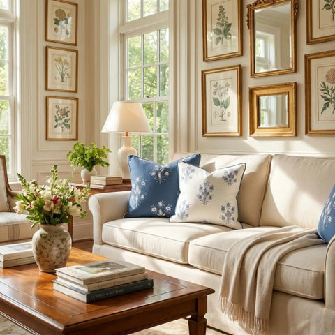 Dark Blue Floral Chinoiserie Pillow Cover 20-Inch Square Throw Pillow Case for Coastal Grandmillennial Decor Navy and White Block Print Accent for Living Room Durable Upholstery Fabric on cream sofa