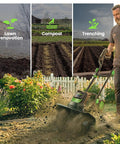 Man using Powerful 1800W Corded Garden Tiller Cultivator with 18-Inch Wide Till in garden, showing soil tilling process.