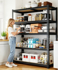 Woman organizing kitchen items on Beefy Heavy Duty Garage Shelving Rack 5 Tier Industrial Metal Storage Unit With 2400 Lbs Capacity Adjustable Shelves For Basement Pantry Workshop Garage And Warehouse 16 D By 36 W By 72 H Black