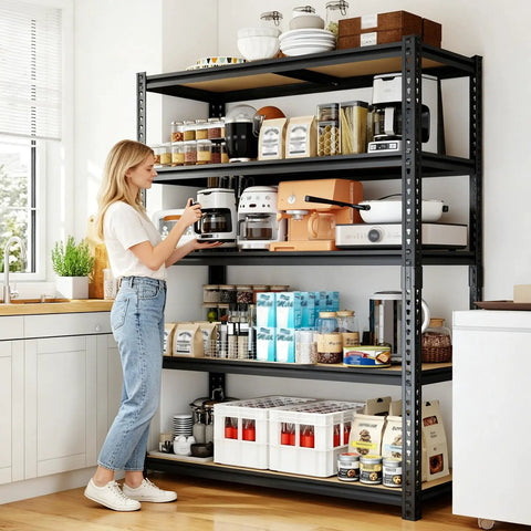 Woman organizing kitchen items on Beefy Heavy Duty Garage Shelving Rack 5 Tier Industrial Metal Storage Unit With 2400 Lbs Capacity Adjustable Shelves For Basement Pantry Workshop Garage And Warehouse 16 D By 36 W By 72 H Black