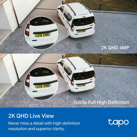 Comparison of car images showing clarity difference between 2K QHD 4MP and 1080p captured by 2K QHD Outdoor Floodlight Security Camera With Dimmable 2800 Lumen Floodlight, Motion Activated, Detects People And Vehicles, All Day All Night Recording, Local Storage Or Optional Cloud, No Subscriptions.