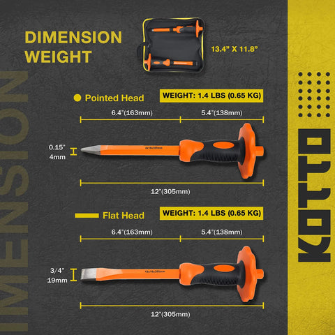 Diagram showing Beefy Heavy Duty 12 Inch Chisel Set With Hand Guard, dimensions and weights for point and flat chisel included.