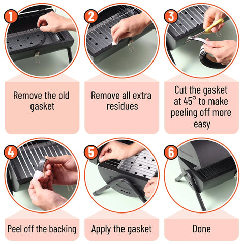 UNCO smoker gasket kit for grill, 2-pack, 15 ft, 1/2 in x 1/8 in, black; high-temp installation infographic
