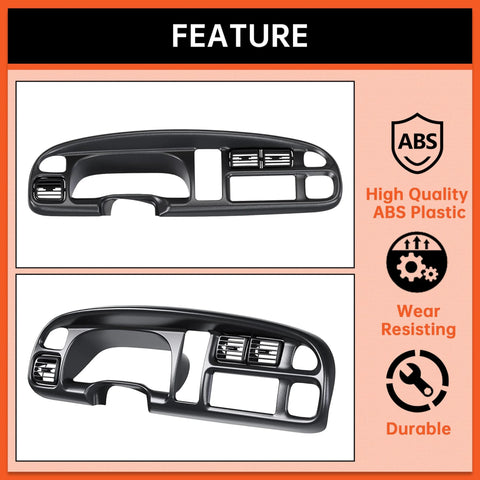 ECOTRIC Dodge Ram dash bezel cover for 1998–2002, black ABS plastic with vent openings; front/angled views, clips included