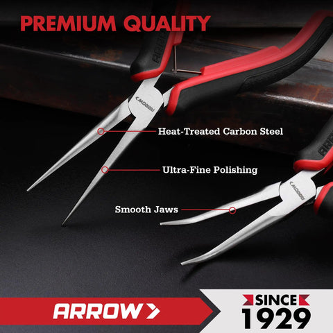 Two Piece Six Inch Needle Nose Pliers Set With Mini Long Nose And Bent Nose Pliers, Spring Loaded Design, Carbon Steel Construction, Precise Jaw Alignment, Great For Electronics, Jewelry Making, DIY Projects And Crafting.