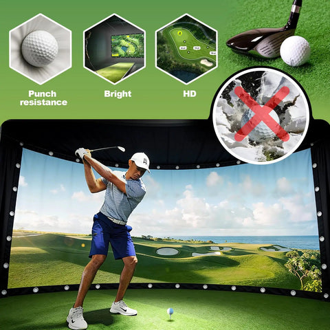 Golfer using 10x10 Ft Golf Simulator Impact Screen with Heavy Duty Hitting Border Pro Grade 600D for training indoors