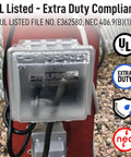 2-Gang Heavy-Duty Weatherproof Outdoor Outlet Cover and Box Kit with lockable in use cover, UL listed, wet conditions protection