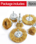 Six Piece Brass Wire Wheel Brush Set For Drill With One Quarter Inch Shank Crimped Cup Brush True Brass Wire 0.13mm