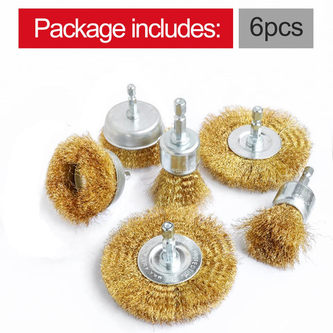 Six Piece Brass Wire Wheel Brush Set For Drill With One Quarter Inch Shank Crimped Cup Brush True Brass Wire 0.13mm