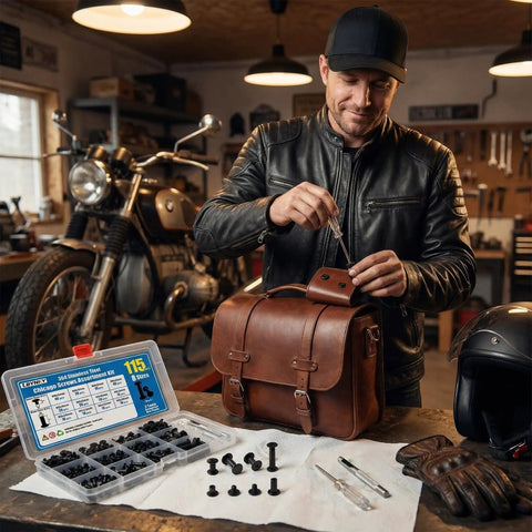 Man using screwdriver on brown leather bag with Heavy Duty Black Chicago Screws Kit For Leather Crafts, 115 Piece Set beside him.