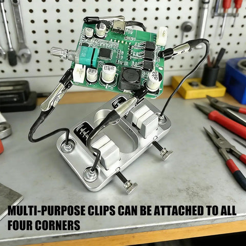 Khbyt Heavy Duty Aluminum Welding Clamp With 4 Strong Magnets securing electronic circuit board in place during repair tasks.