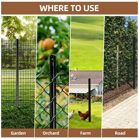 Illustration showing Heavy Duty 6Ft No Dig U Post Fence Posts For Wire Fences used in garden, orchard, farm, and road settings.