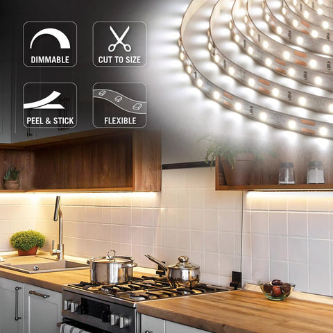 RibbonFlex Pro 12V White LED Strip Lights 60 LEDs Per Meter 2700K Warm White installed under kitchen cabinets.