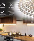 RibbonFlex Pro 12V White LED Strip Lights 60 LEDs Per Meter 2700K installed under kitchen cabinets