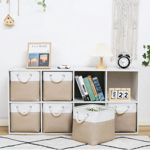 11x11 Inch Cube Storage Bins Set Of 6 Collapsible Fabric Storage Cubes With Rope Handles, Foldable Organizer Bins In Use