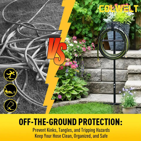 Comparison of messy hoses versus All In One Garden Hose Holder Kit With 50 Ft Hose Half Inch, Heavy Duty Freestanding Metal Stand