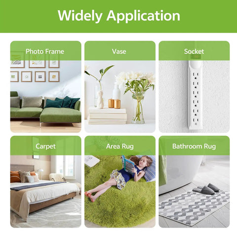Double Sided Carpet Tape For Rug Security And Easy Removal Keeps Rugs In Place And Grips Hard Floors Without Residue 2 Inch By 12 Yard Rug Tape For Hardwood Floors Tile And Laminate Anti Slip Grip For Area Rugs Mats And Carpets, shown securing vases and rugs.